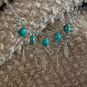 Vintage Handmade Silver and Turquoise Two Tiered Skull and Feather Necklace